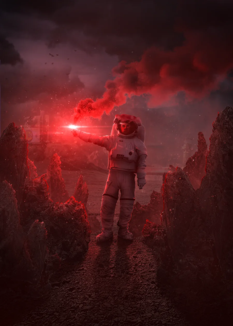 An astronaut holding a red flare between red rocks