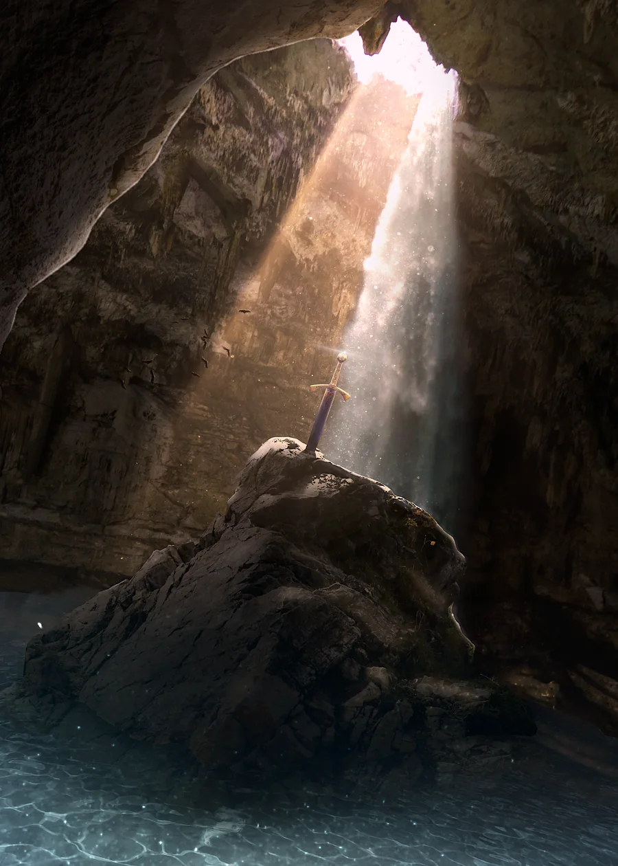 A sword in a rock under a waterfall inside a cave