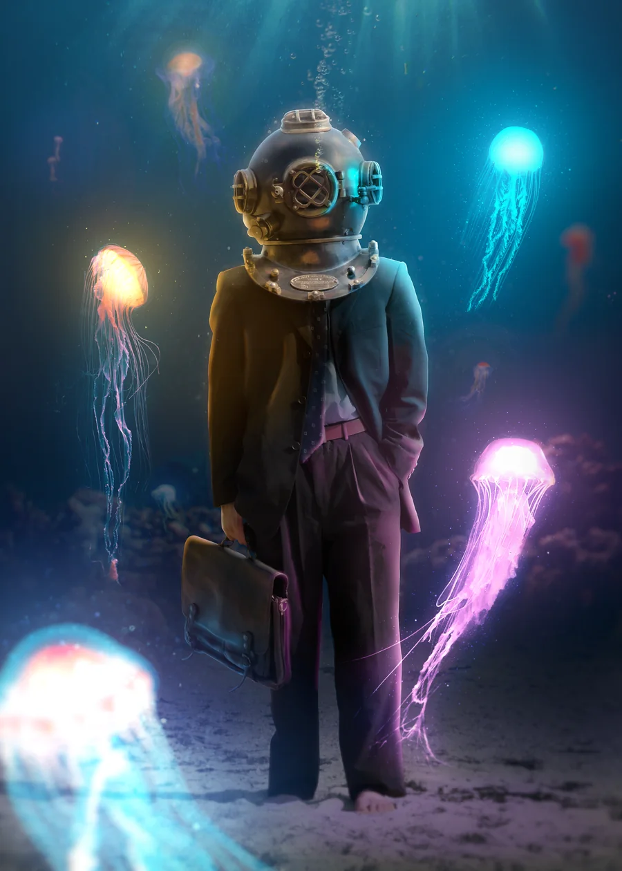 A diver in an old diving helmet surrounded by glowing jellyfish