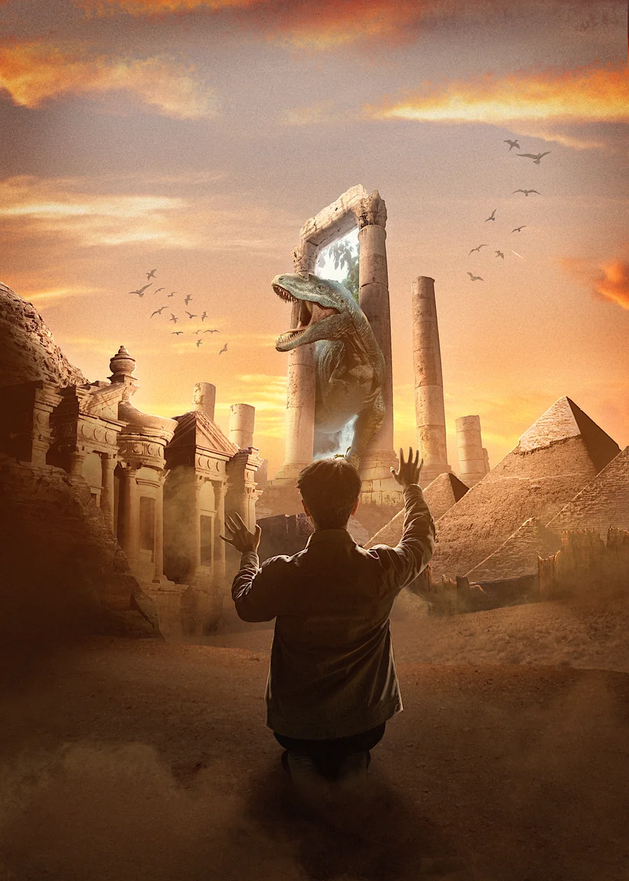 A man in the desert facing a stone gate with a dinosaur coming through
