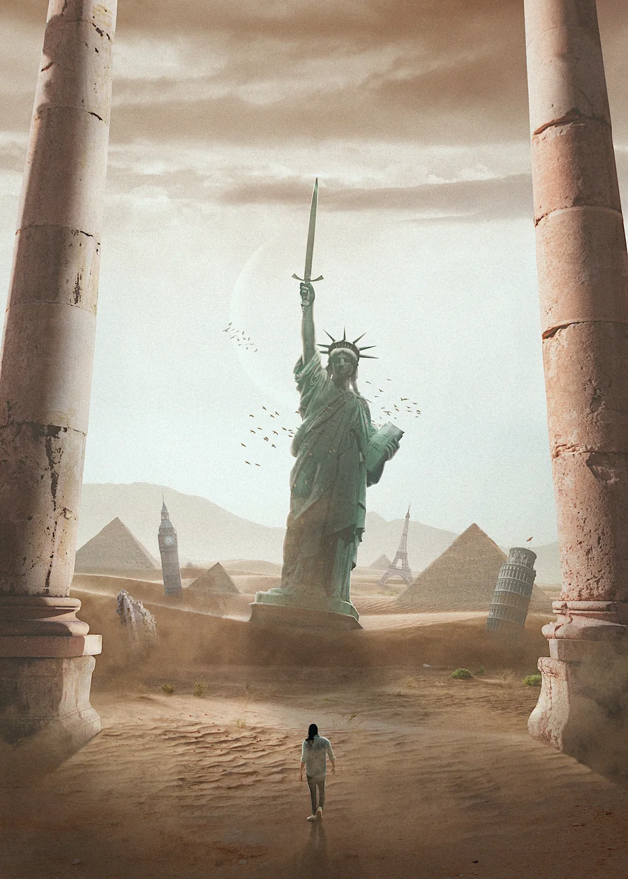 The Statue of Liberty standing in a desert between temple columns